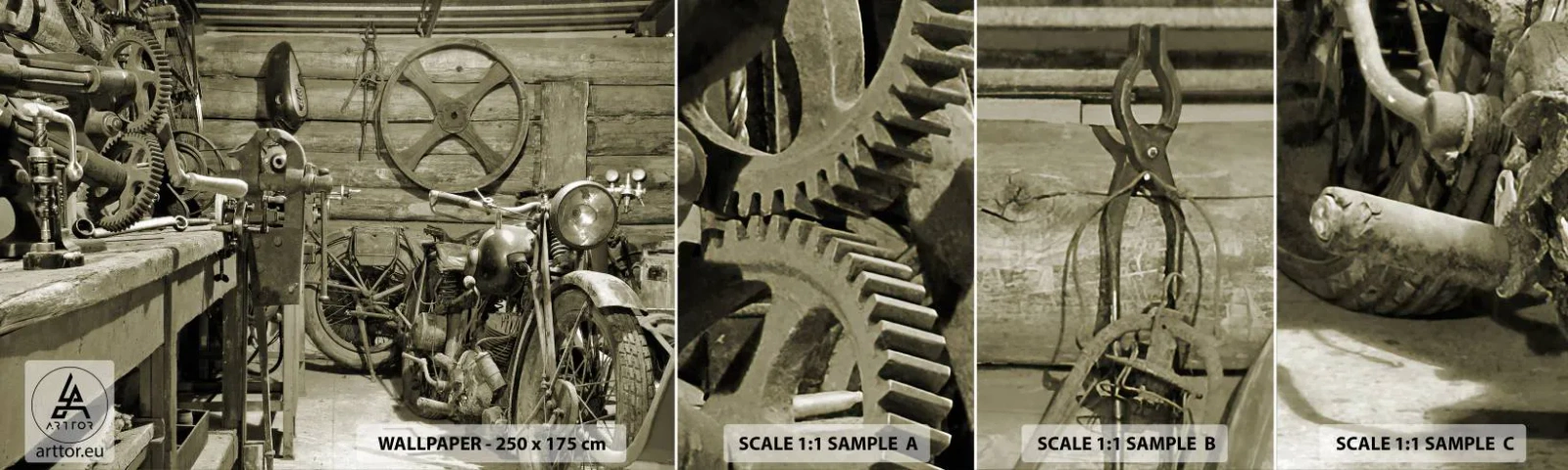 Mostră tapet autocolant Deluxe Sticker - În șopronul unchiului Vlad - Motocicletă, Atelier de reparatii auto, Epocă - 100x30 cm