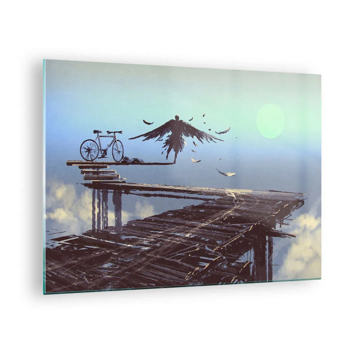 Tablou pe sticlă - O figură cu o bicicletă pe un pod de lemn deasupra norilor - 70x50cm - Icarus veșnic viu - Decorațiune modernă pentru perete pentru living și dormitor ARTTOR