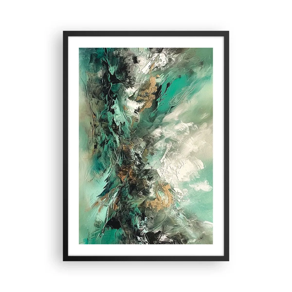 Poster în ramă neagră - Compoziție abstractă în nuanțe de verde și auriu - 50x70cm - Fierbere negru-smarald - Decorațiune modernă pentru perete pentru living și dormitor ARTTOR