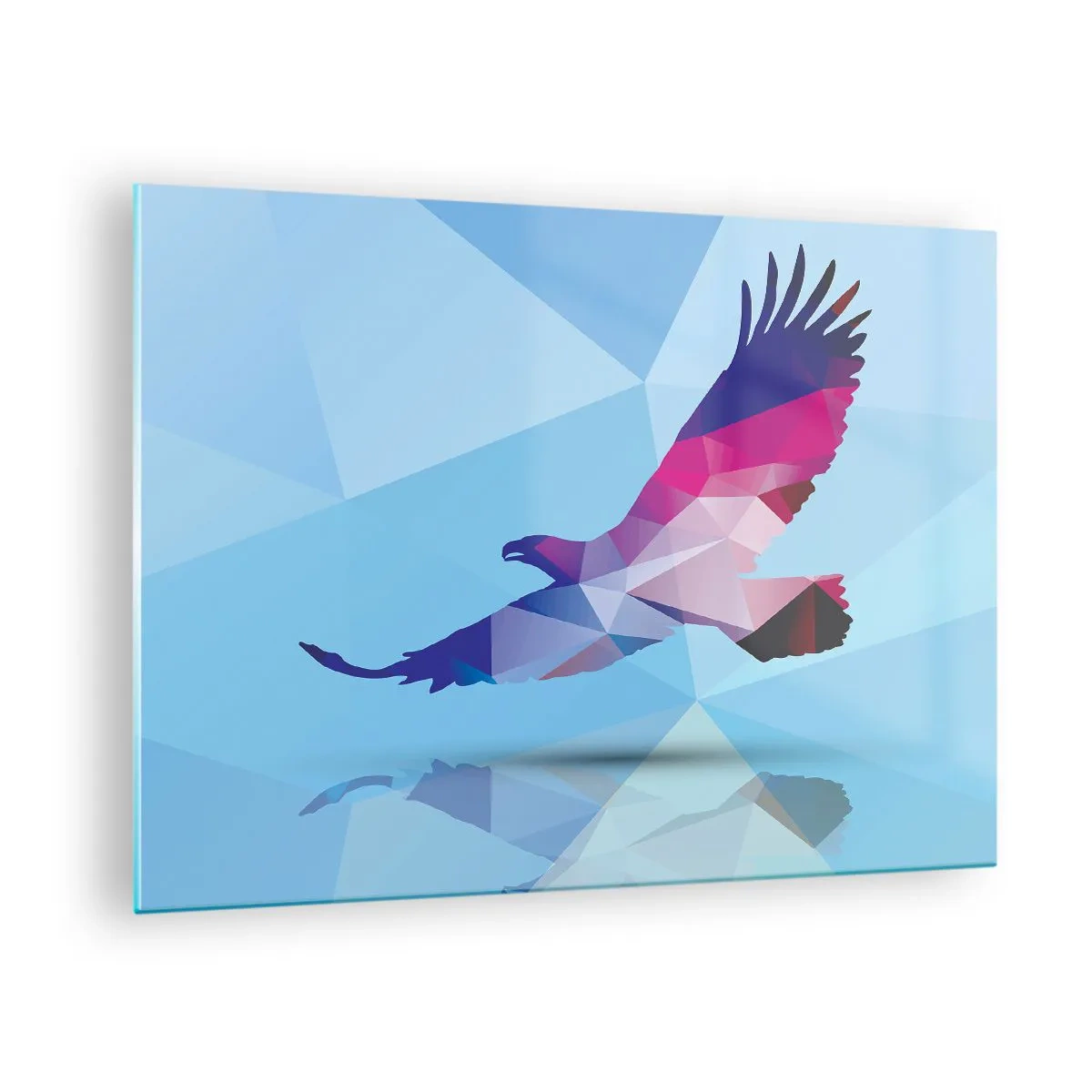 Tablou pe sticlă - Vultur geometric pe fundal albastru - 70x50cm - Vultur în cristal liliachiu - Decorațiune modernă pentru perete pentru living și dormitor ARTTOR