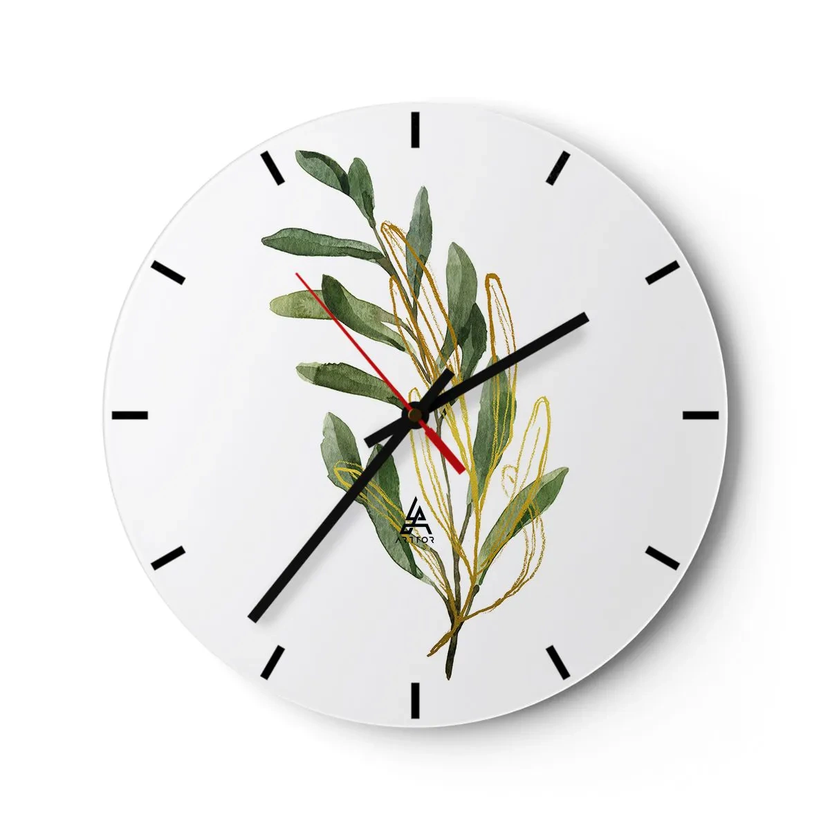 Ceas de perete - Ceas pe sticlă - Acuarelă frunze verzi pe fundal alb cu grafică delicată - 30x30cm - Toate cele bune - Decorațiune modernă pentru perete pentru living, bucătărie și dormitor ARTTOR