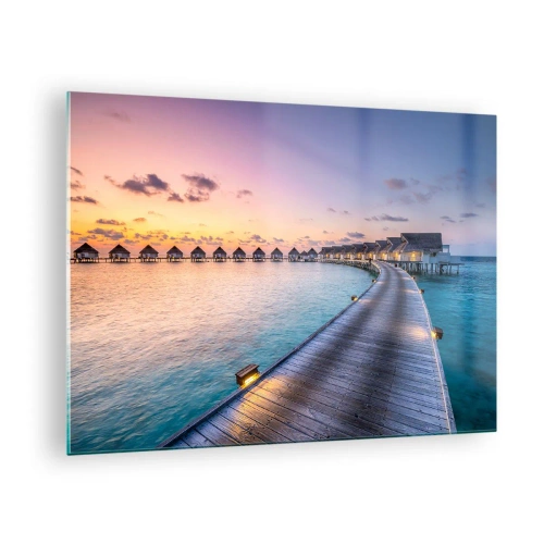 Tablou pe sticlă - Debarcader din lemn care duce la cabane de lux pe malul apei la apus - 70x50cm - Vacanță - înapoi la sursă - Decorațiune modernă pentru perete pentru living și dormitor ARTTOR