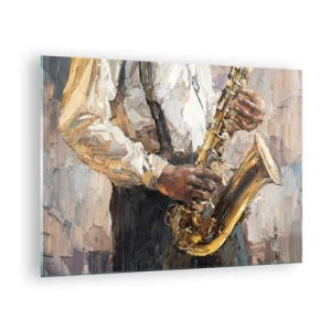 Tablou pe sticlă - Un muzician care cântă la saxofon pictat folosind tehnica impasto - 70x50cm - E timpul pentru a cânta solo - Decorațiune modernă pentru perete pentru living și dormitor ARTTOR