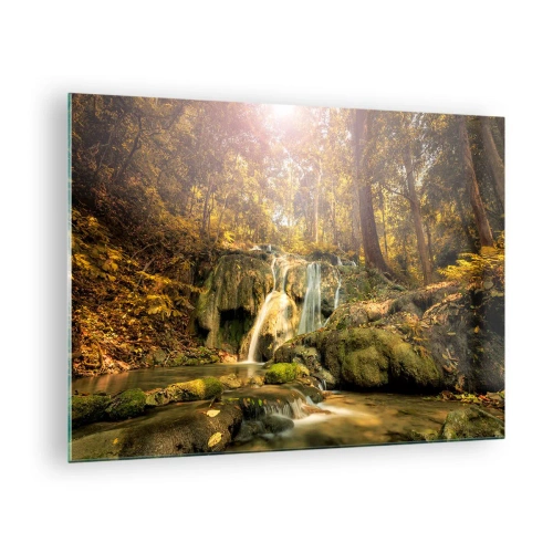 Tablou pe sticlă - Cascadă de pădure în verdeață - 70x50cm - Cascada de pădure în verde - Decorațiune modernă pentru perete pentru living și dormitor ARTTOR