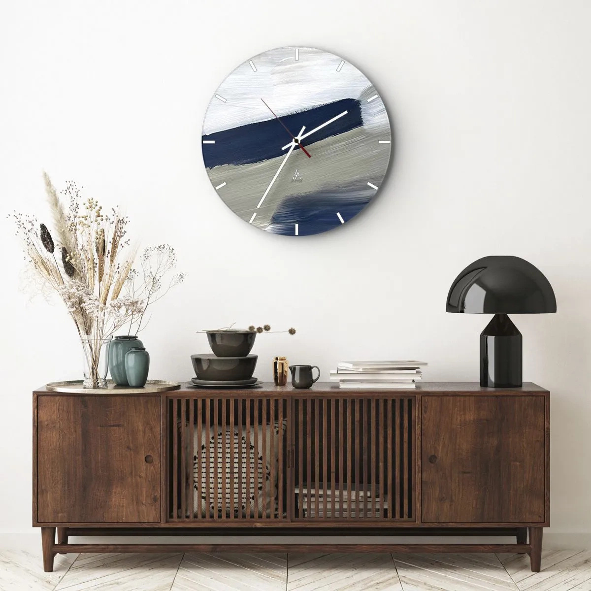 Ceas de perete - Ceas pe sticlă - Pensule abstracte în alb și albastru marin - 30x30cm - Întâlnire cu albul - Decorațiune modernă pentru perete pentru living, bucătărie și dormitor ARTTOR