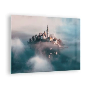 Tablou pe sticlă - O insulă cu o biserică înconjurată de ceață pe un lac liniștit - 70x50cm - Insula de vis - Decorațiune modernă pentru perete pentru living și dormitor ARTTOR