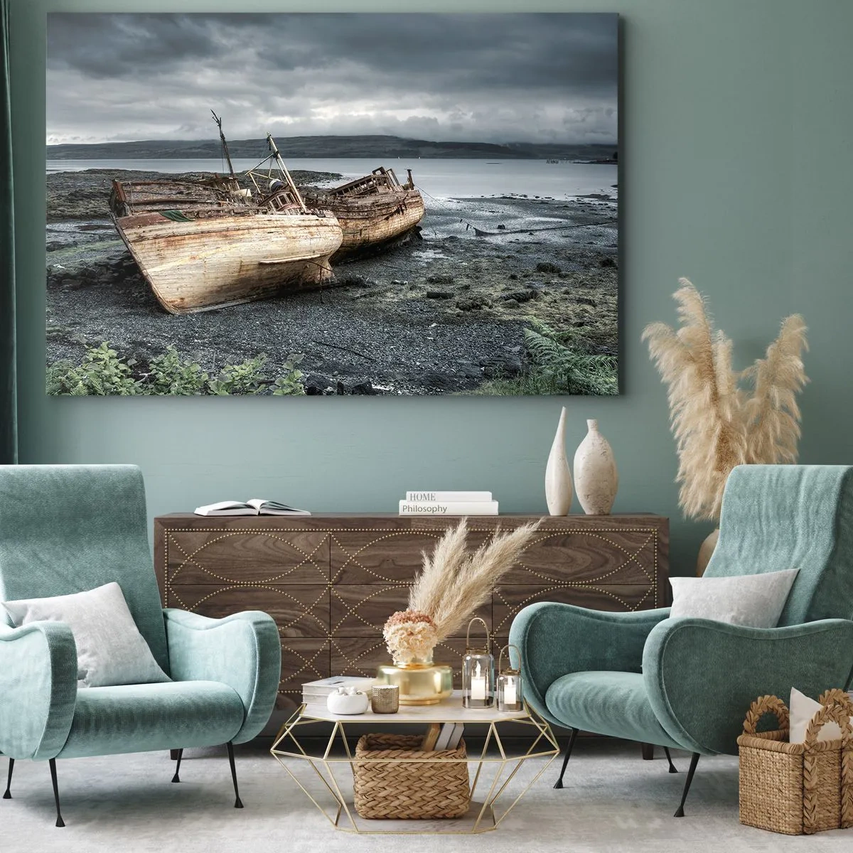 Tablou pe pânză Canvas - Bărci abandonate pe țărm într-o scenă ploioasă - 70x50cm - Ca semn al unei munci făcute cu demnitate - Decorațiune modernă pentru perete pentru living și dormitor ARTTOR