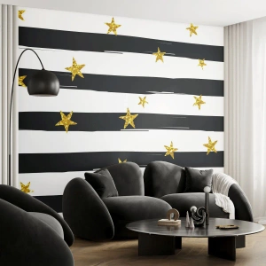 Tapet Premium Sand - Cu toții ne-am născut sub o stea norocoasă - Grafică, Stea de aur, dungi albe și negre - 100x70 cm
