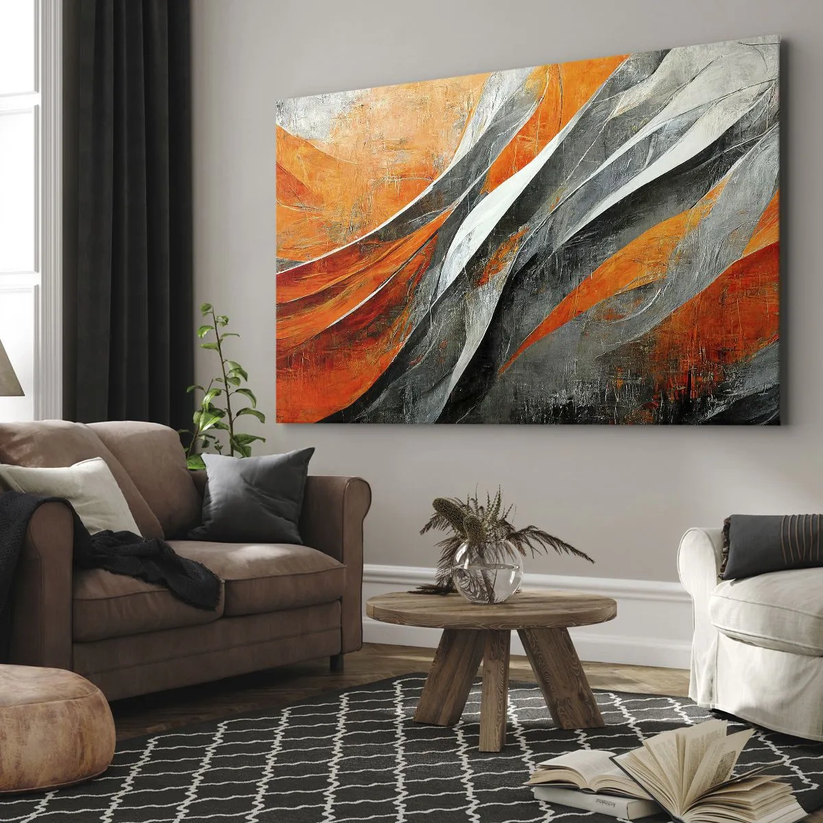 Tablou pe pânză Canvas - Linii abstracte în nuanțe de portocaliu și gri - 70x50cm - Căldură și frig - Decorațiune modernă pentru perete pentru living și dormitor ARTTOR