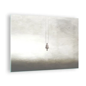 Tablou pe sticlă - O figură pe un leagăn suspendată pe cer - 70x50cm - Copilul din noi - Decorațiune modernă pentru perete pentru living și dormitor ARTTOR