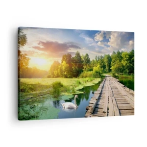 Tablou pe pânză Canvas - Un peisaj pitoresc cu un pod și o lebădă - 70x50cm - Vară, vară peste tot - Decorațiune modernă pentru perete pentru living și dormitor ARTTOR