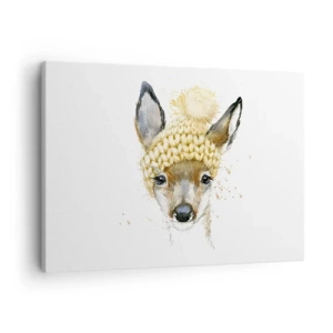 Tablou pe pânză Canvas - Cerb în acuarelă cu o căciulă galbenă - 70x50cm - Pentru iarnă într-o pădure înzăpezită - Decorațiune modernă pentru perete pentru living și dormitor ARTTOR
