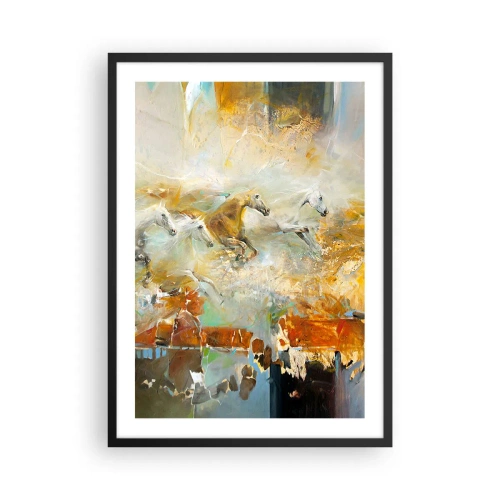 Poster în ramă neagră - Cai galopând într-un cadru abstract - 50x70cm - Galopând prin lumină - Decorațiune modernă pentru perete pentru living și dormitor ARTTOR