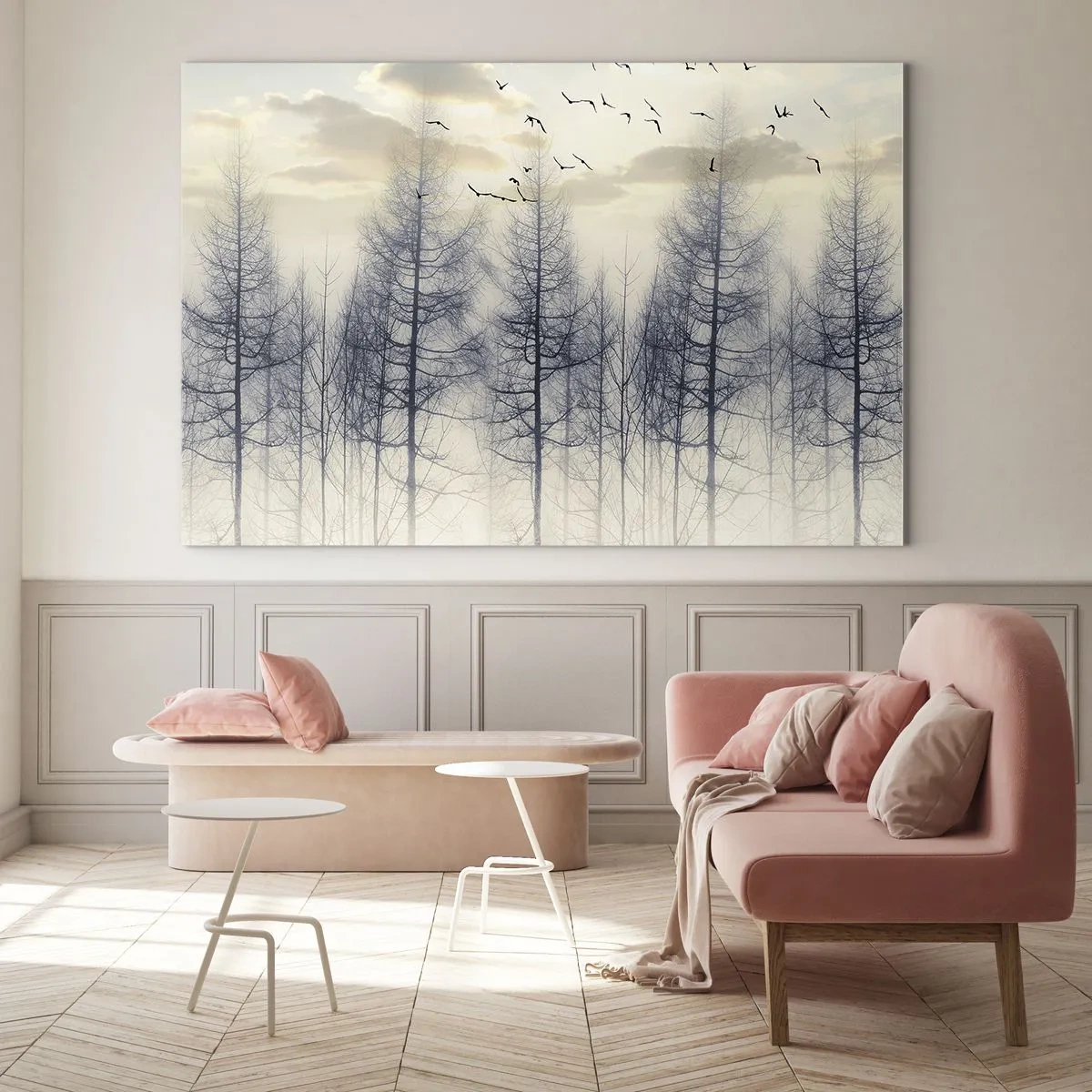Tablou pe sticlă - O pădure învăluită în ceață și plină de păsări, iluminată de soarele care răsare - 70x50cm - Spiritele pădurii - Decorațiune modernă pentru perete pentru living și dormitor ARTTOR