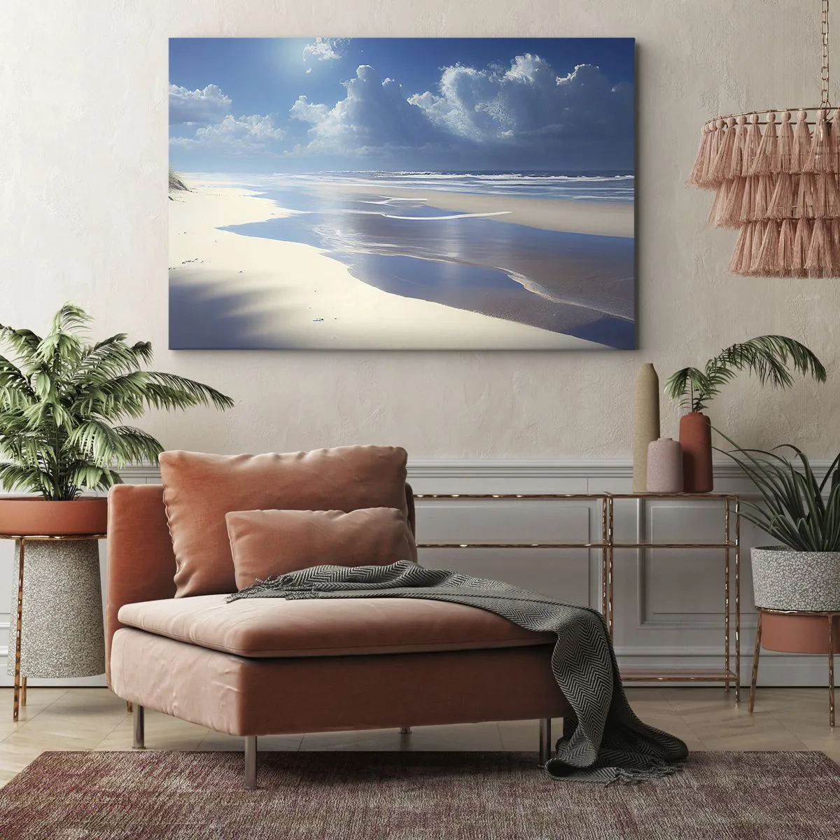 Tablou pe pânză Canvas - O plajă nisipoasă cu valuri sub un cer albastru - 70x50cm - Vacanță în paradis - Decorațiune modernă pentru perete pentru living și dormitor ARTTOR