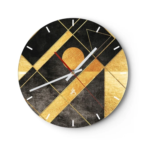 Ceas de perete - Ceas pe sticlă - Forme geometrice aurii pe fundal negru cu motiv solar - 30x30cm - Soarele deșertului - Decorațiune modernă pentru perete pentru living, bucătărie și dormitor ARTTOR