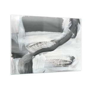 Tablou pe sticlă - Abstracție alb-negru cu tușe dinamice de pensulă. - 70x50cm - Cu o mișcare decisivă - Decorațiune modernă pentru perete pentru living și dormitor ARTTOR