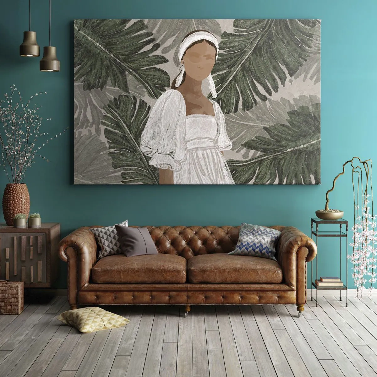 Tablou pe pânză Canvas - Portretul unei femei într-o rochie albă pe un fundal de frunze de monstera - 70x50cm - Portret exotic - Decorațiune modernă pentru perete pentru living și dormitor ARTTOR