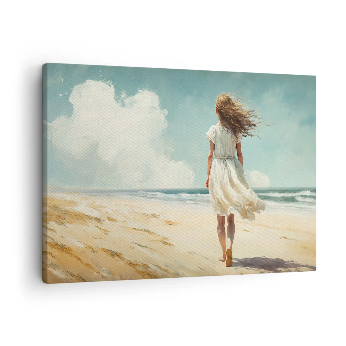 Tablou pe pânză Canvas - O femeie într-o rochie albă care se plimbă pe plajă într-o zi însorită - 70x50cm - Vreau să întâlnesc soarele și vântul - Decorațiune modernă pentru perete pentru living și dormitor ARTTOR
