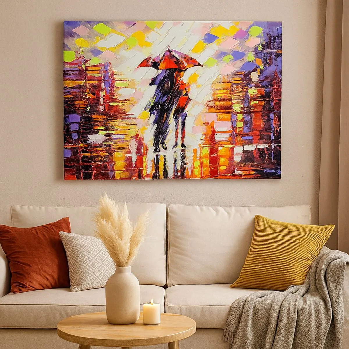 Tablou pe pânză Canvas - O scenă abstractă a unei plimbări sub o umbrelă într-o noapte ploioasă. - 70x50cm - Împreună prin noapte și ploaie - Decorațiune modernă pentru perete pentru living și dormitor ARTTOR