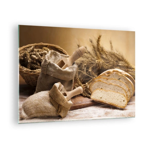 Tablou pe sticlă - Pâine, făină și spice de grâu în stil rustic - 70x50cm - Oprire violentă - Decorațiune modernă pentru perete pentru living și dormitor ARTTOR