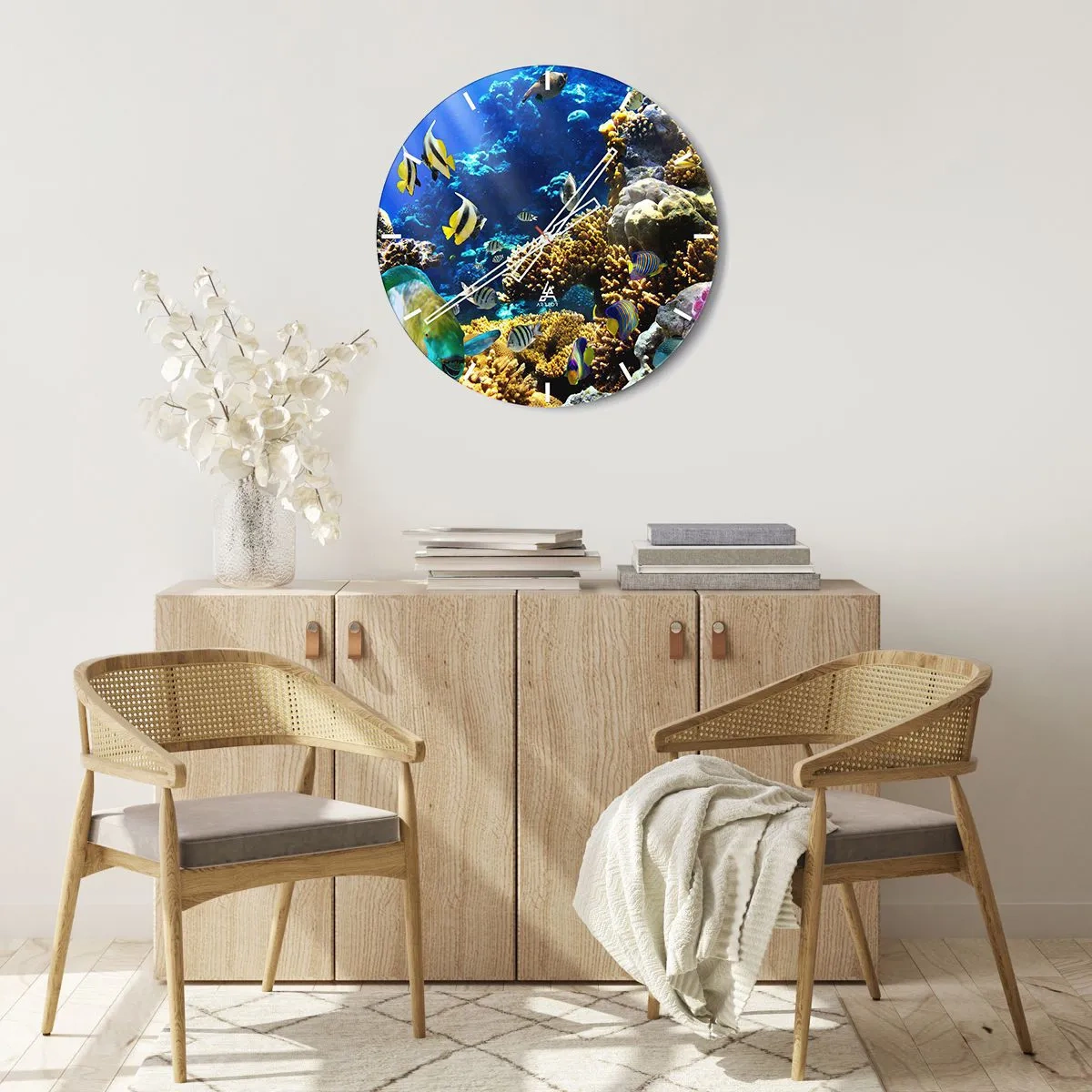 Ceas de perete - Ceas pe sticlă - recif de corali cu pești tropicali în oceanul albastru - 30x30cm - Trafic intens pe traseul de vacanță - Decorațiune modernă pentru perete pentru living, bucătărie și dormitor ARTTOR