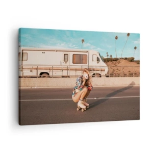 Tablou pe pânză Canvas - O fată pe role face o fotografie într-o zi însorită. - 70x50cm - Zâmbiți, vă rog! - Decorațiune modernă pentru perete pentru living și dormitor ARTTOR