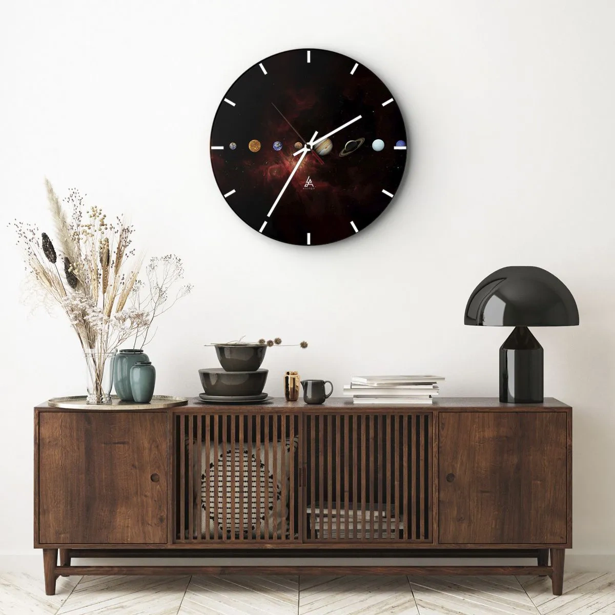 Ceas de perete - Ceas pe sticlă - Planetele sistemului solar pe fundalul unei galaxii negre - 30x30cm - Cartierul nostru - Decorațiune modernă pentru perete pentru living, bucătărie și dormitor ARTTOR