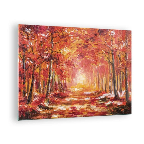Tablou pe sticlă - Peisaj de toamnă cu copaci în culori calde - 70x50cm - Pădurea de cupru - Decorațiune modernă pentru perete pentru living și dormitor ARTTOR