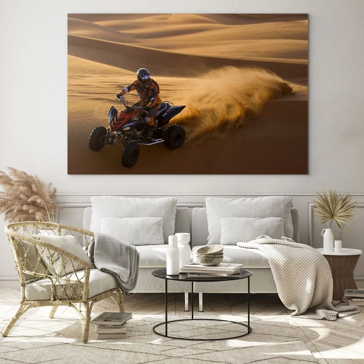 Tablou pe sticlă - ATV în acțiune în deșert la apus - 70x50cm - Pe valuri de nisip - Decorațiune modernă pentru perete pentru living și dormitor ARTTOR