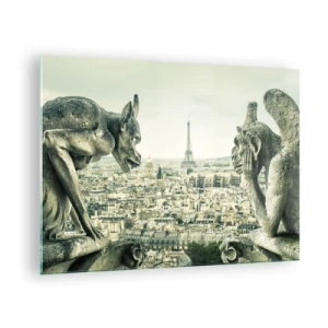 Tablou pe sticlă - Garguie deasupra Parisului cu vedere la Turnul Eiffel - 70x50cm - La taclale pariziene - Decorațiune modernă pentru perete pentru living și dormitor ARTTOR