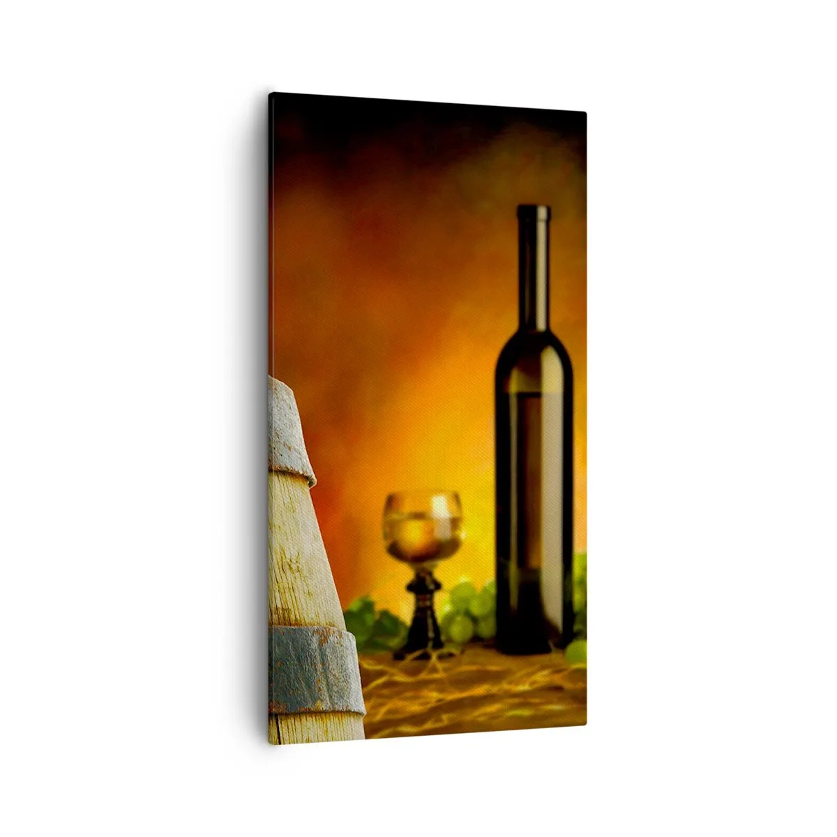 Tablou pe pânză - Natură moartă cu o sticlă de vin și un ciorchine de struguri - 55x100 cm