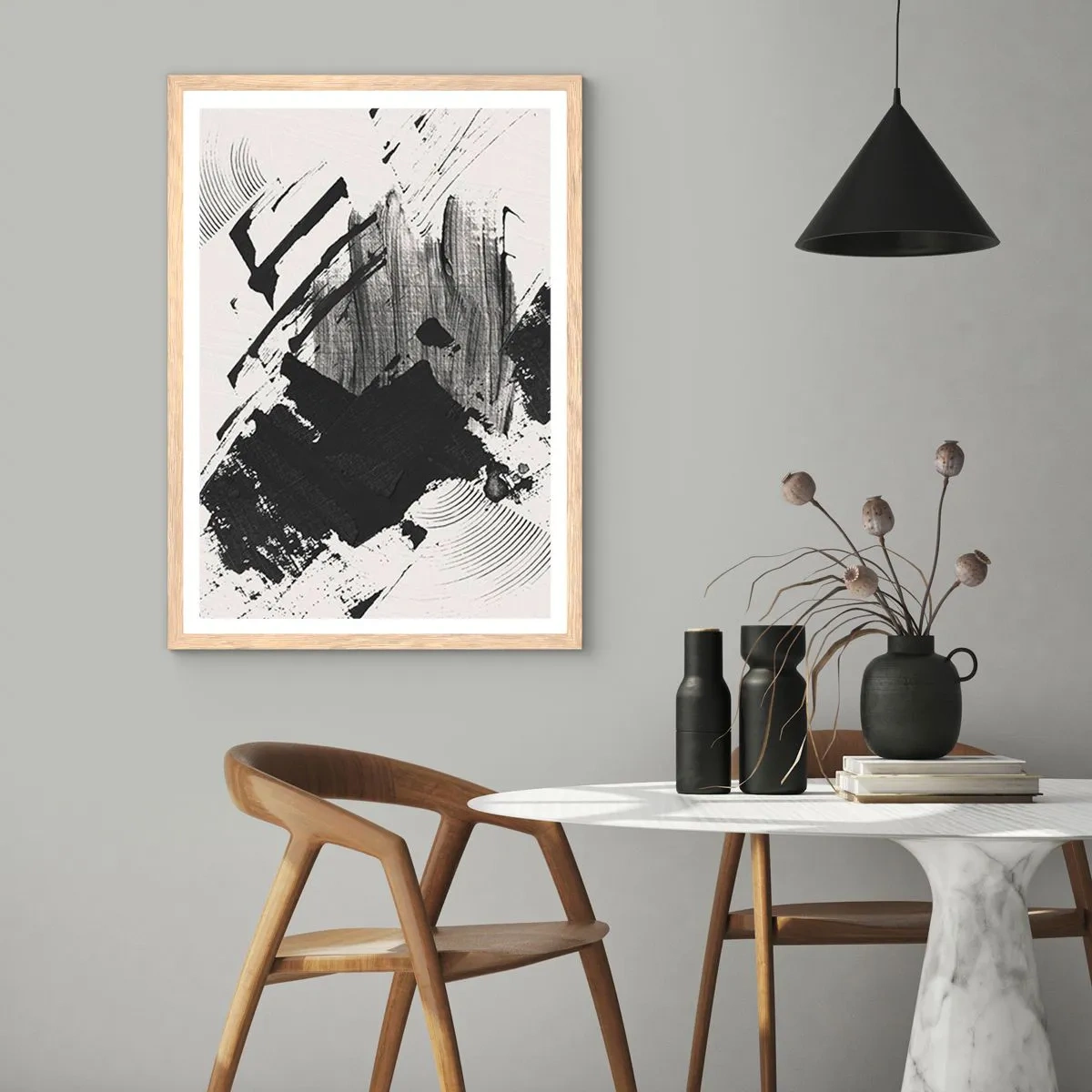 Poster în ramă de stejar deschis - Abstracție - expresie de negru - 50x70 cm