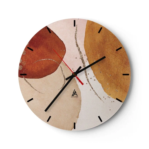 Ceas de perete - Ceas pe sticlă - Compoziție abstractă cu pete de culoare pământie - 30x30cm - Rotunjime și mișcare - Decorațiune modernă pentru perete pentru living, bucătărie și dormitor ARTTOR