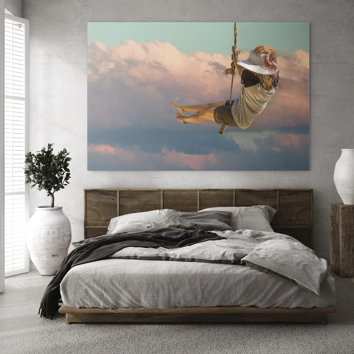 Tablou pe sticlă - Fată pe un leagăn printre nori roz - 70x50cm - Distracție în nori - Decorațiune modernă pentru perete pentru living și dormitor ARTTOR