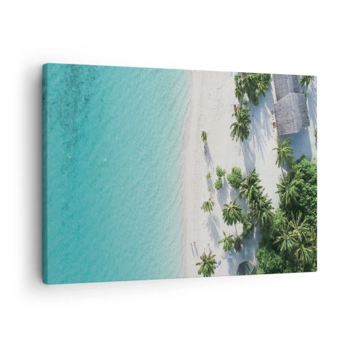 Tablou pe pânză Canvas - O vedere de sus a unei plaje tropicale cu apă turcoaz și palmieri - 70x50cm - Vacanță în paradis - Decorațiune modernă pentru perete pentru living și dormitor ARTTOR