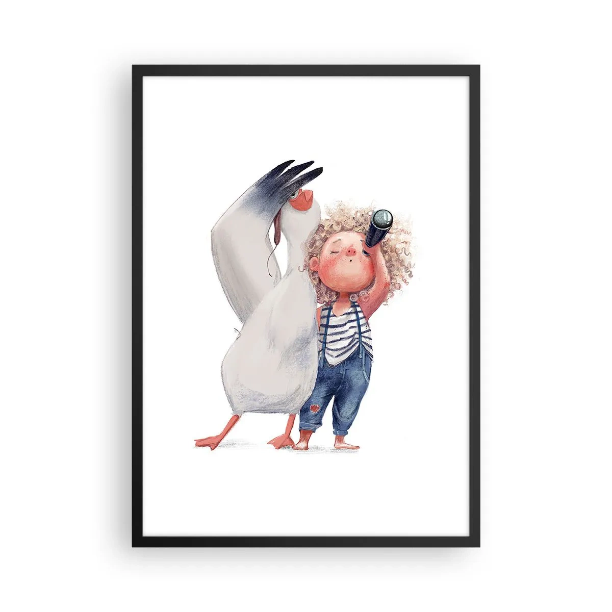Poster în ramă neagră - Ilustrație a unui copil cu binoclu și o pasăre care îl însoțește - 50x70cm - Un plan pentru o călătorie minunată - Decorațiune modernă pentru perete pentru living și dormitor ARTTOR