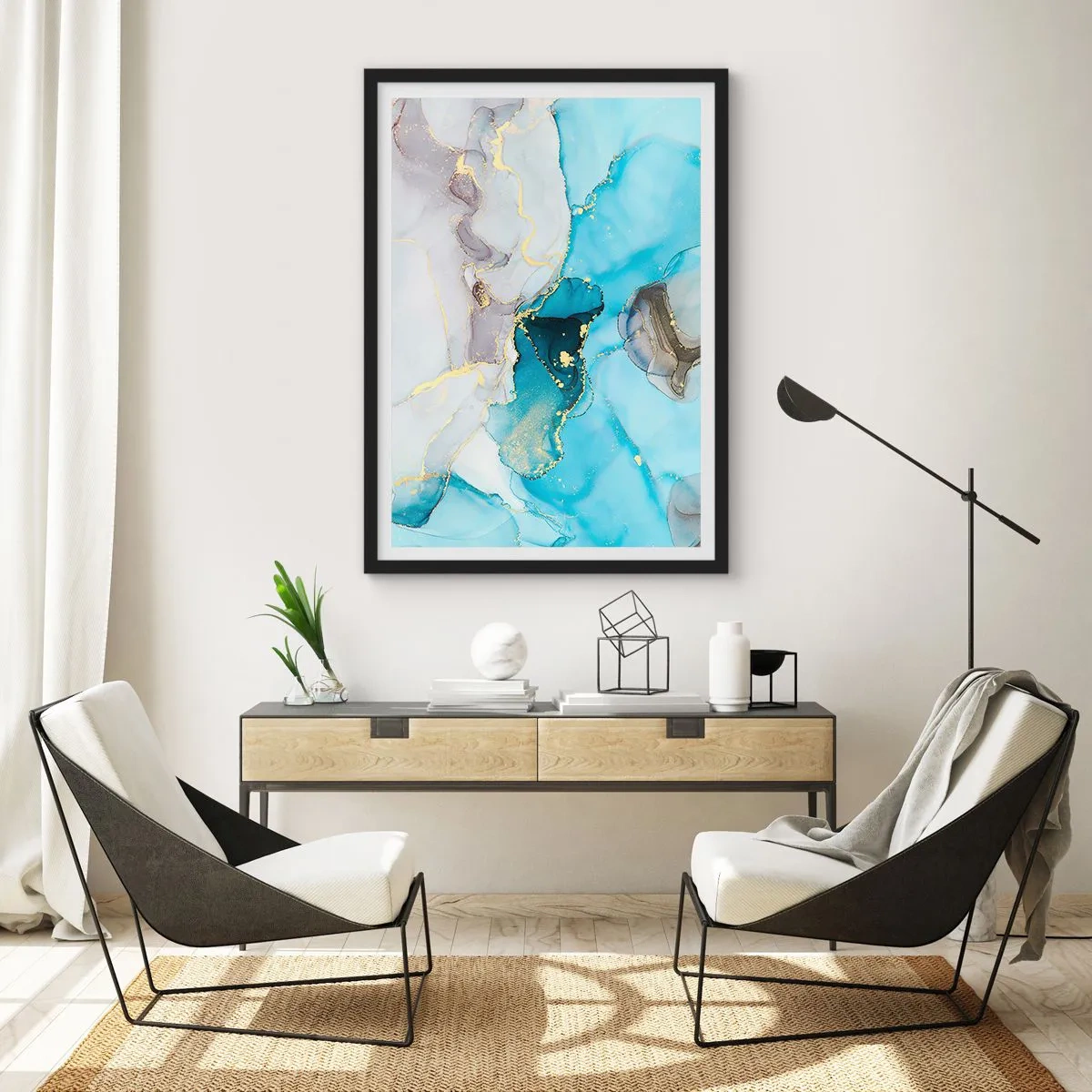 Poster în ramă neagră - Un studiu al întâlnirii dintre gri și turcoaz - 30x40 cm