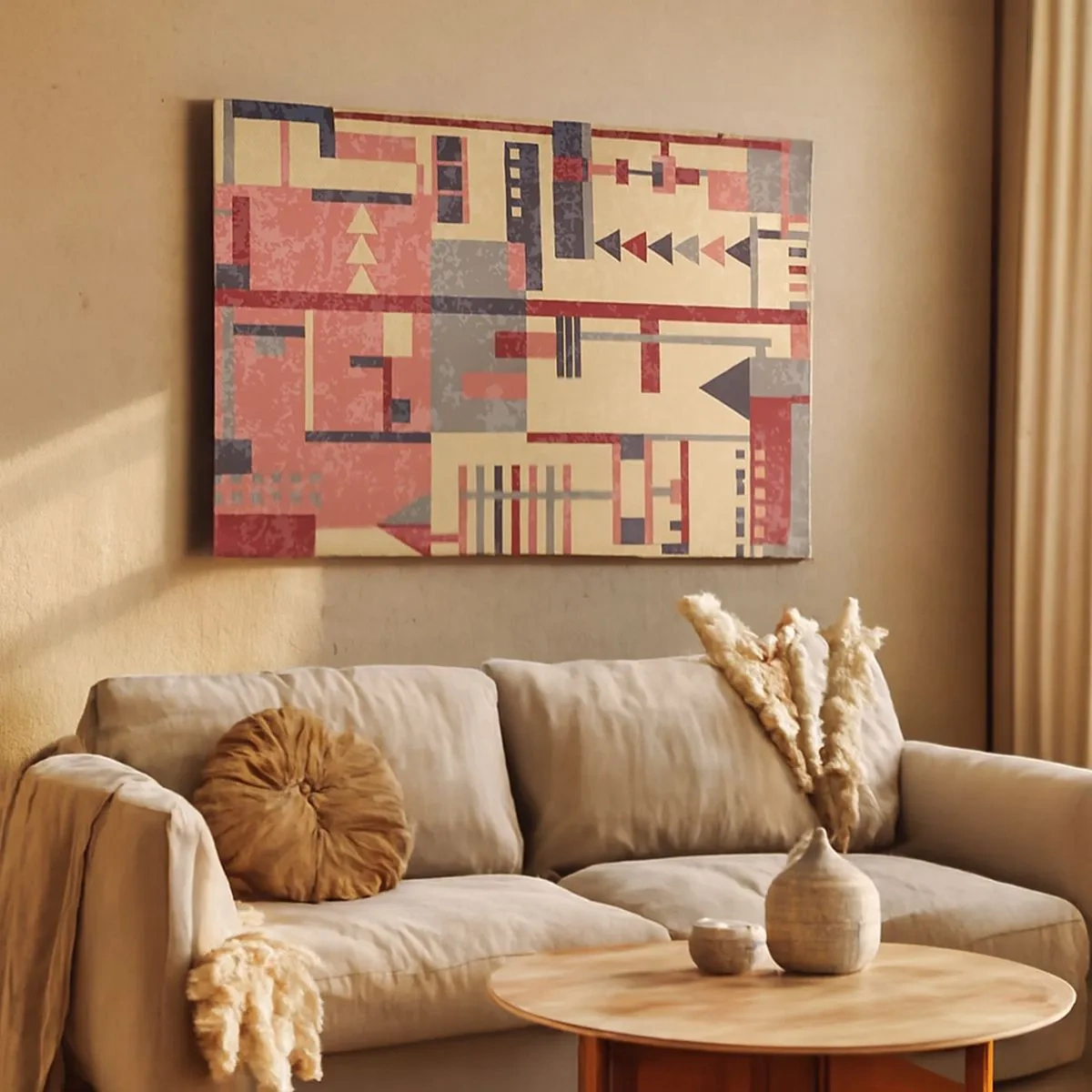 Tablou pe pânză Canvas - Model geometric în nuanțe pastelate de bej, roșu și gri - 70x50cm - Combinație de verticale și orizontale - Decorațiune modernă pentru perete pentru living și dormitor ARTTOR