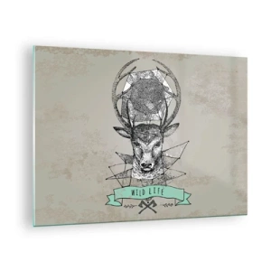 Tablou pe sticlă - Desen geometric al unui cerb cu inscripția Wild Life - 70x50cm - Viziunea Sfântului Hubertus - Decorațiune modernă pentru perete pentru living și dormitor ARTTOR