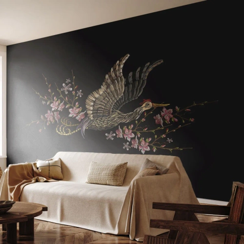 Tapet Premium Sand - Pasăre exotică brodată - Pasăre, Grafică, Flori - 300x210 cm