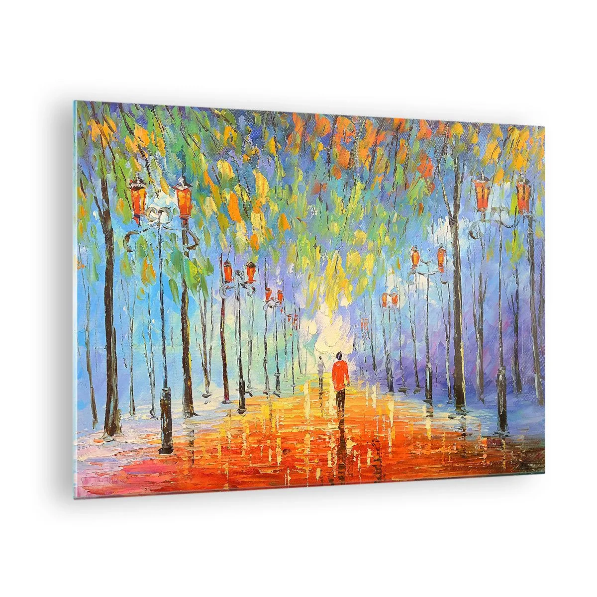 Tablou pe sticlă - Un parc colorat cu o alee și felinare într-un stil pictural - 70x50cm - Cântecul de noapte al ploii - Decorațiune modernă pentru perete pentru living și dormitor ARTTOR