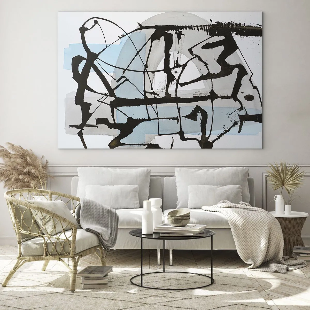 Tablou pe sticlă - Compoziție abstractă cu o schiță neagră și pete albastre - 70x50cm - Cu toate acestea, albastru - Decorațiune modernă pentru perete pentru living și dormitor ARTTOR