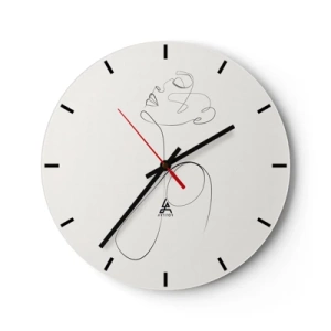 Ceas de perete - Ceas pe sticlă - Un profil feminin realizat cu o linie neagră pe un fundal deschis la culoare - 30x30cm - Încâlcită în vise - Decorațiune modernă pentru perete pentru living, bucătărie și dormitor ARTTOR