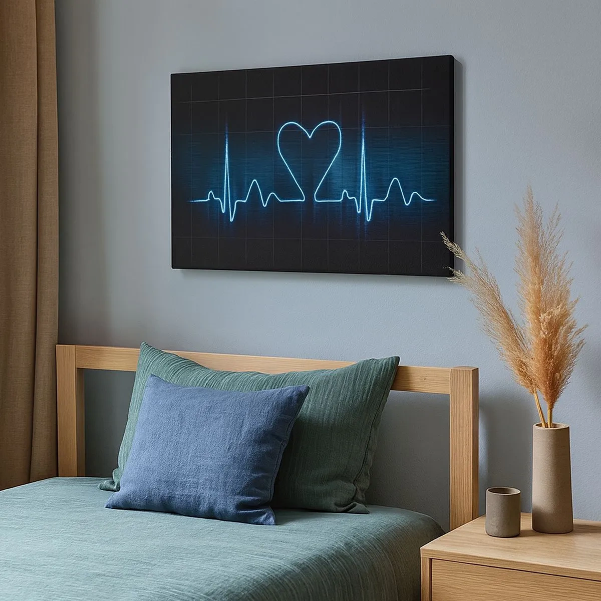 Tablou pe pânză Canvas - O linie de salvare cu o inimă pe un fundal de monitorizare medicală în nuanțe de albastru. - 70x50cm - În ritmul inimii - Decorațiune modernă pentru perete pentru living și dormitor ARTTOR