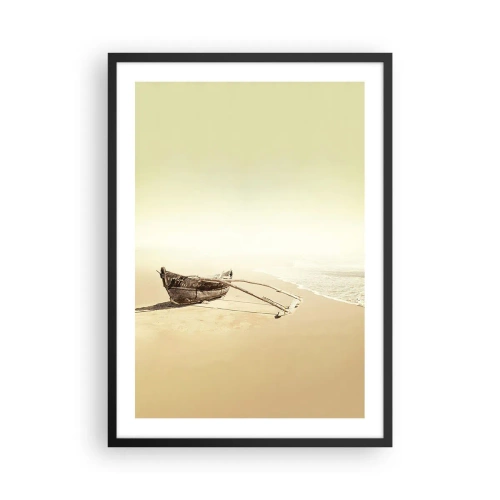 Poster în ramă neagră - O barcă singuratică din lemn pe o plajă pustie, în culori pastelate. - 50x70cm - O amintire din Mările Sudului - Decorațiune modernă pentru perete pentru living și dormitor ARTTOR