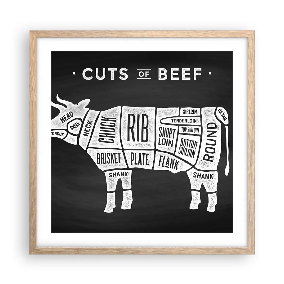 Poster în ramă de stejar deschis - Abecedar de măcelar - 50x50 cm