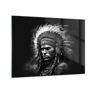 Tablou pe sticlă - Portret alb-negru al unui războinic cu o coafură cu pene - 70x50cm - Conducător și luptător - Decorațiune modernă pentru perete pentru living și dormitor ARTTOR