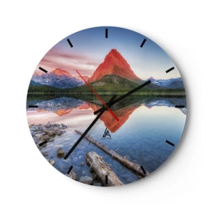Ceas de perete - Ceas pe sticlă - Peisaj montan cu reflexie în lac - 30x30cm - Căldură și frig - Decorațiune modernă pentru perete pentru living, bucătărie și dormitor ARTTOR