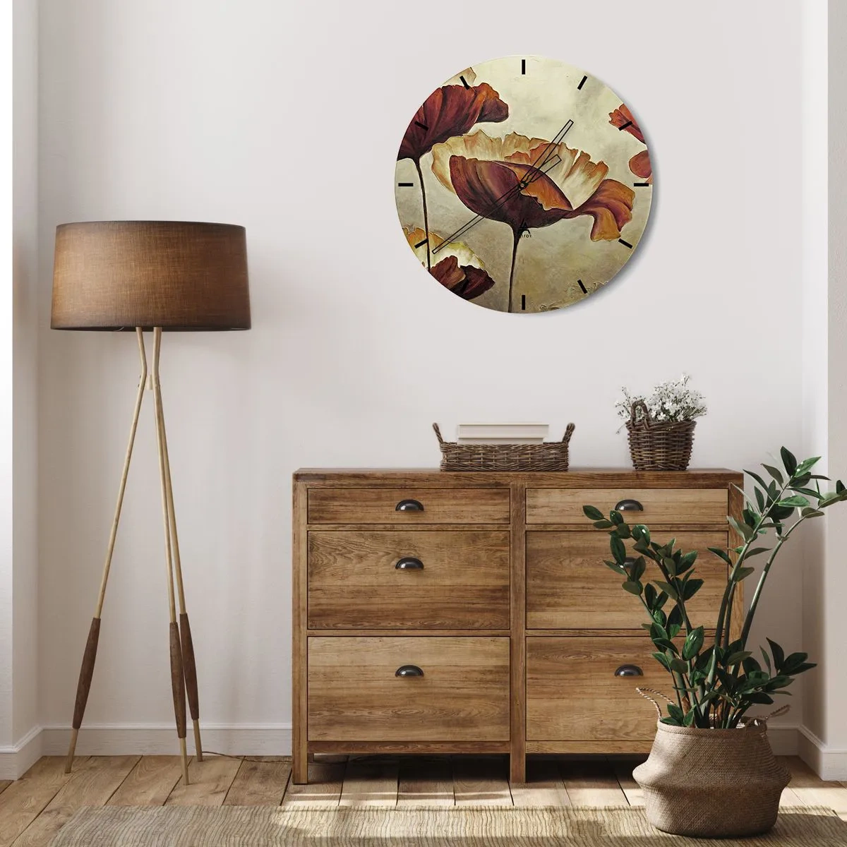 Ceas de perete - Ceas pe sticlă - Motiv floral artistic în tonuri calde de maro și bej - 30x30cm - Lunca - Decorațiune modernă pentru perete pentru living, bucătărie și dormitor ARTTOR